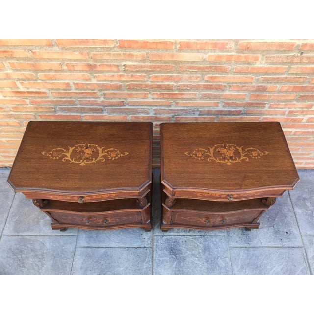 Spanish 20th Century Catalan, Spanish Nightstands With Drawers & Low Open Shelf - a Pair For Sale - Image 3 of 11