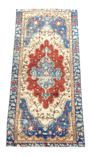 Vintage Oriental Turkish Handmade Beige and Blue Rug