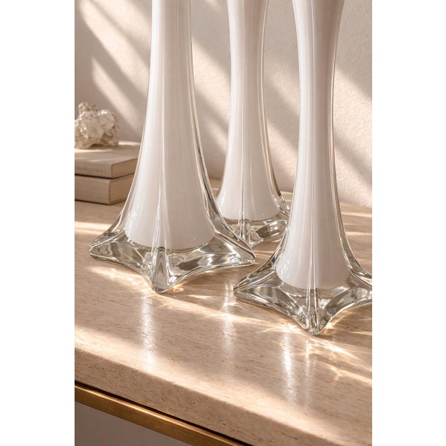 Mid 20th Century Graduated Sculptural Opaline Cased Art Glass Trumpet Vases – Set of Three (27.5”, 15.5”, 12.25”) For Sale - Image 5 of 7