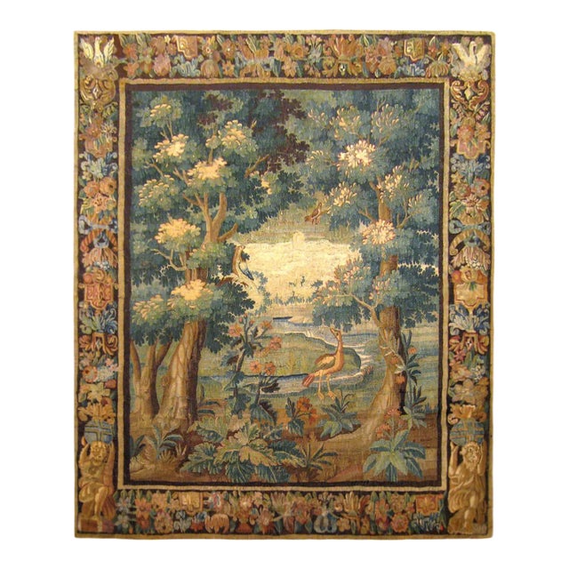 17th Century Flemish Verdure Landscape Tapestry, With an Exotic Bird by Lakeside For Sale