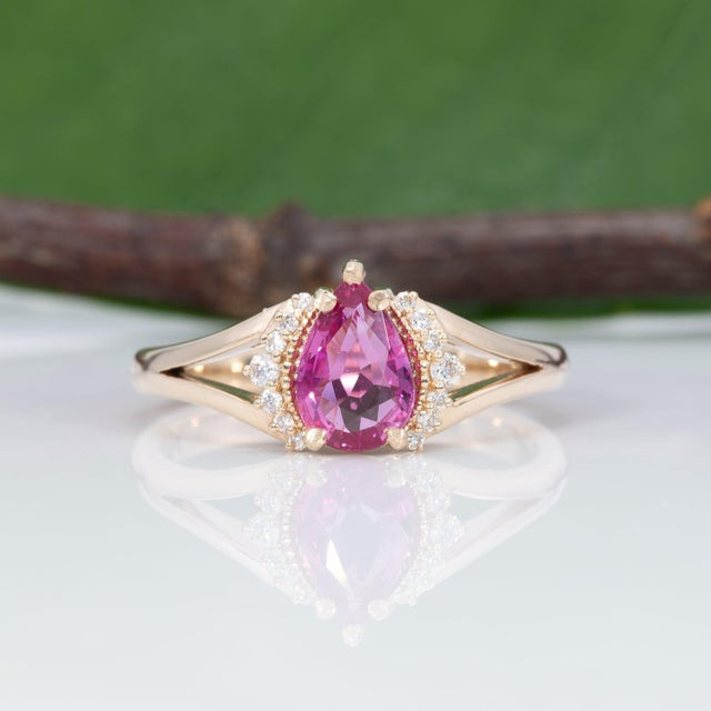 2020s Pink Sapphire Ring With Earth-Mined Diamond Accents: Solid 14k Gold, 8x5.3mm, Size 6.75 For Sale - Image 5 of 9