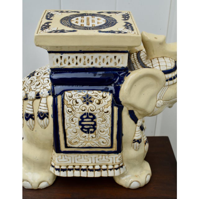 Ceramic Elephant Garden Stool Side Table Plant Stand Chinese Cream Blue For Sale - Image 10 of 15