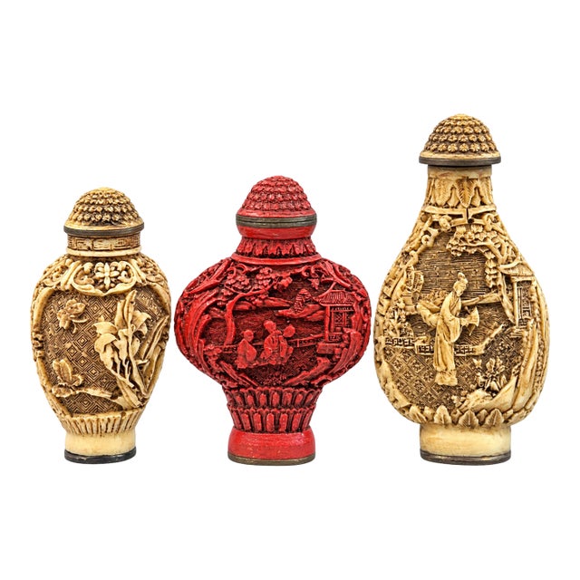 Vintage Chinese / Chinoiserie Style Relief Decorated Snuff Bottles - Set of 3 For Sale