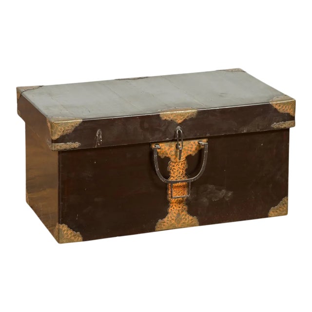 Japanese Taishō Period Kiri Wood Lidded Box with Cut Brass Foliage Hardware For Sale