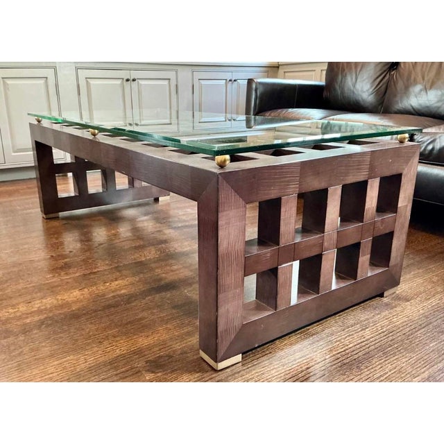 Transitional Theodore Alexander Architectural Grid Large 60" Glass Top and Wood Coffee Table For Sale - Image 3 of 8