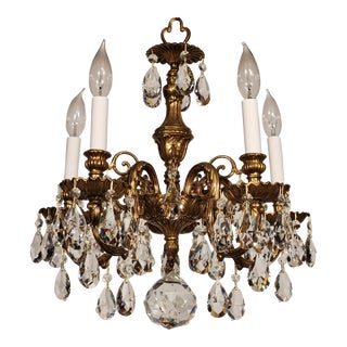 Vintage French 5 Lite Brass Splendid Cut Lead Crystal 3" Inch Ball Chandelier For Sale