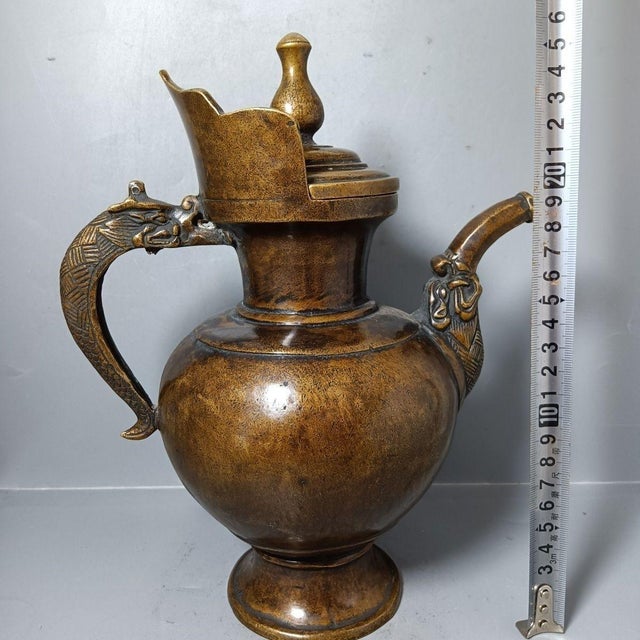 Brass Vintage Chinese Brass Dragon-Handled Ewer / Teapot, 10" Tall For Sale - Image 8 of 9