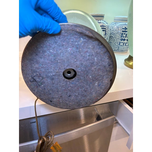 Vintage Crackle Celadon Porcelain Lamps With Brass Base & Silk Shades – A Pair For Sale - Image 9 of 16