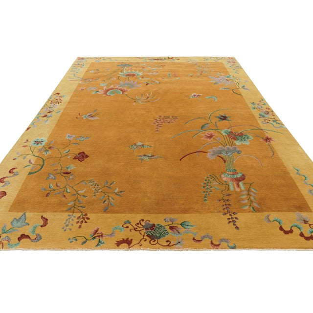 Rug & Kilim’s Chinese Art Deco Style Rug in Gold, Floral Patterns and Pictorials For Sale In New York - Image 6 of 7