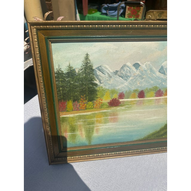 1990s Gold and Green Framed Riverside Painting With Colorful Foliage and Mountains For Sale - Image 4 of 8