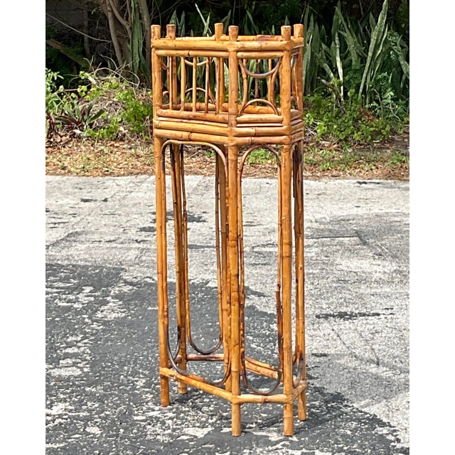 Contemporary Vintage Boho Octagonal Bamboo Plant Stand For Sale - Image 3 of 8