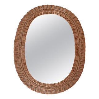 Mid-Century Modern Oval Wall Mirror in Hand-Woven Willow, 1960s For Sale