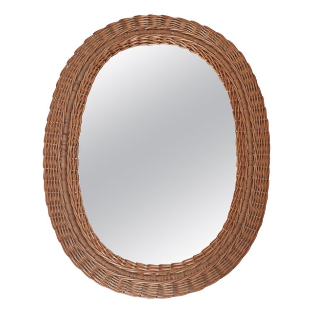 Mid-Century Modern Oval Wall Mirror in Hand-Woven Willow, 1960s For Sale