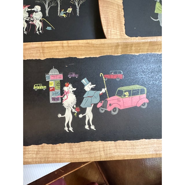 Ebony 1950s Signed Kentley "The Romance of Fifi and Pepe" Full Set(4) Wooden Tray For Sale - Image 8 of 16