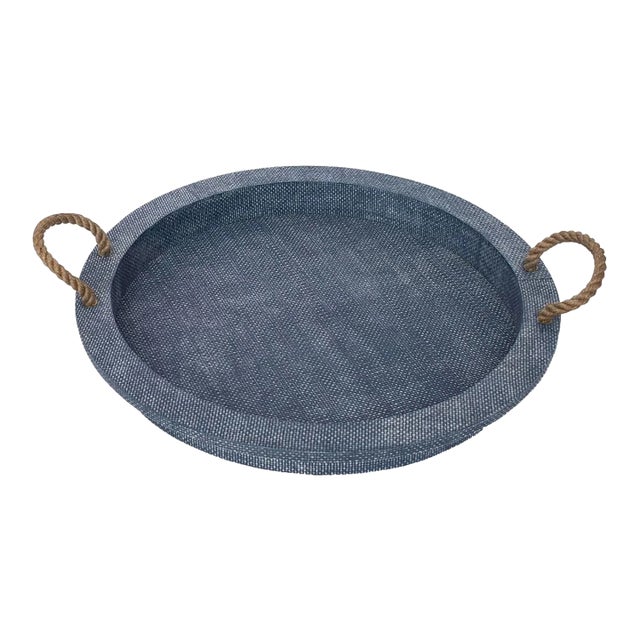 "Aegean" Nautical Grasscloth Covered Serving Tray in Indigo by Regina Andrew For Sale