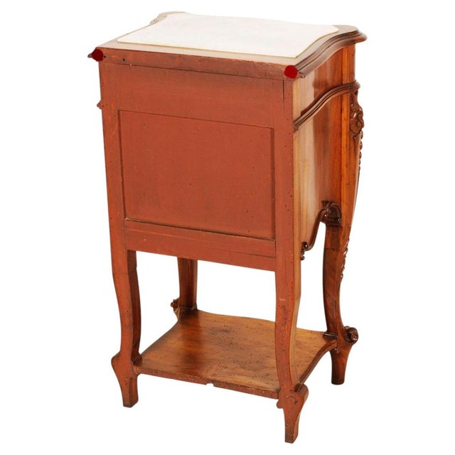 Wood Italian Hand-Carved Walnut Bedside Tables with Marble Tops, 1940s, Set of 2 For Sale - Image 7 of 9
