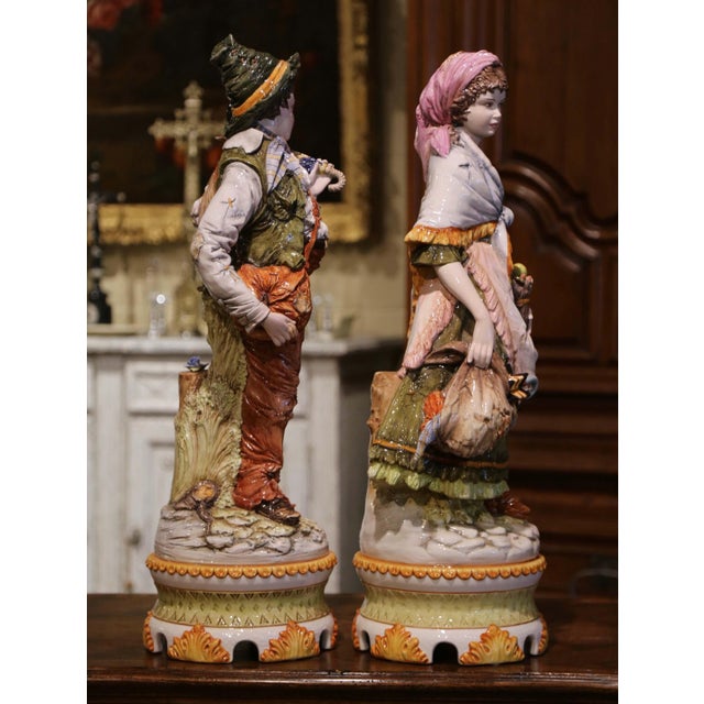 Mid 20th Century Pair of 20th Century Italian Hand-Painted Porcelain Figurine Statues For Sale - Image 5 of 12