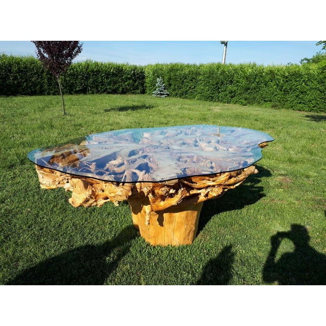 A truly one-of-a-kind monumental sculptural statement table handcrafted from reclaimed Sumac tree roots (Rhus / Staghorn...