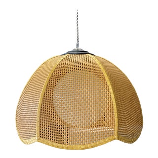 Vintage Wicker Scalloped Pendent Ceiling Light W/ Milk Glass Ball For Sale