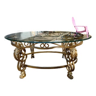Mid-Century French Style Rocco Gilt Wrought Iron Lion Foot Coffee Table For Sale