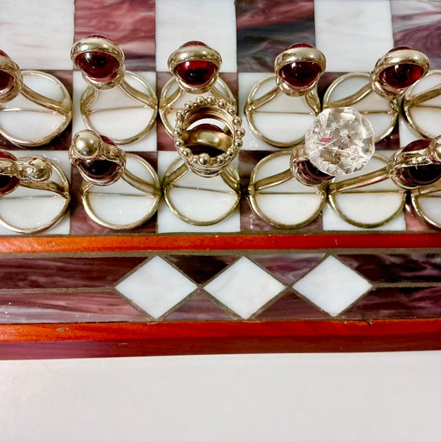 Eggplant 1950s Vintage Frank Lloyd Wright Arts & Crafts Boho Chic Stained Glass Chess Set - Set of 33, Atrributed For Sale - Image 8 of 18