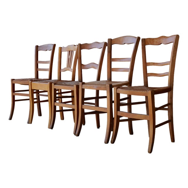 Vintage Mismatched Straw Chairs, 1950s, Set of 5 For Sale