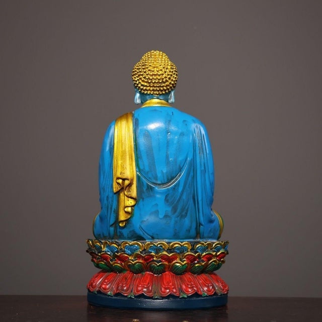 Late 20th Century Gilt Painted Liuli Glass Seated Shakyamuni Buddha Sculpture on Lotus Base For Sale - Image 4 of 9