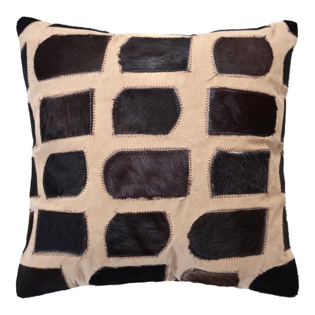 Luxury Patchwork Genuine Hair-on Cowhide Pillow 18x18 | Handmade Designer Leather Cushion For Sale