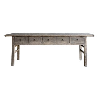Vintage Elm Wood Console Table With Drawers For Sale