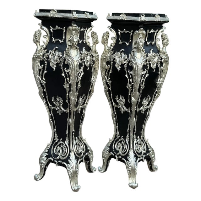 1990s Italian Baroque Black Silver Pedestals – Pair For Sale