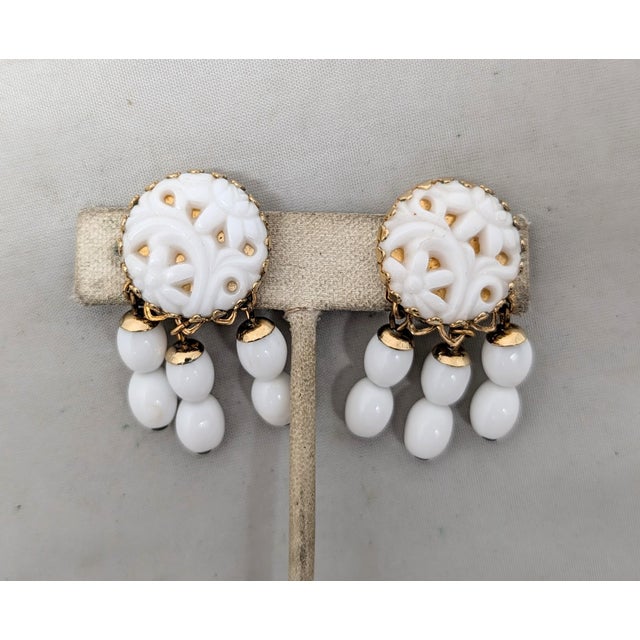 1960s Vintage 1960s Signed Napier Goldtone Carved White Faux-Jade Top With Beaded Dangles Clip Earrings-2 Pieces For Sale - Image 5 of 7