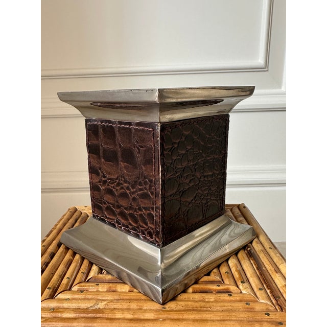 Vintage Leather and Silverplate Ralph Lauren Style Pillar Candleholder For Sale - Image 10 of 18