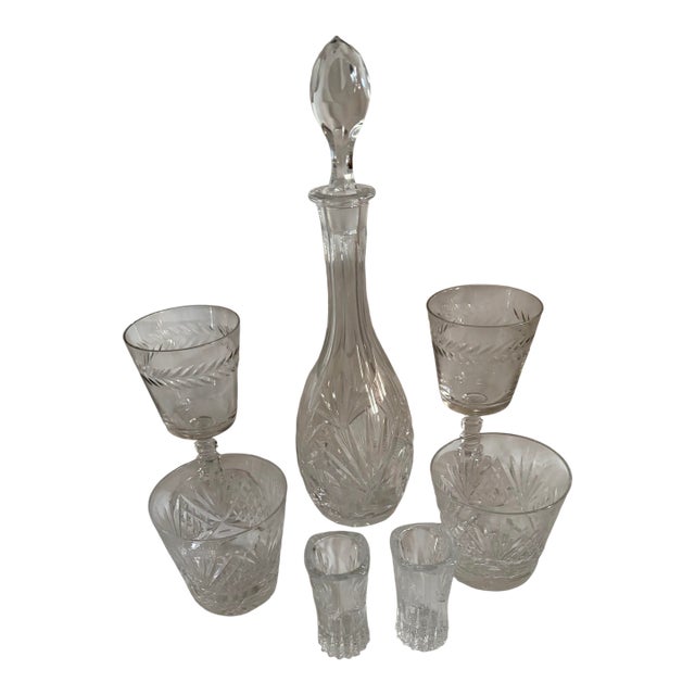 Vintage 1960 Decanter Set With Two 1960 Etched Wine Goblets For Sale