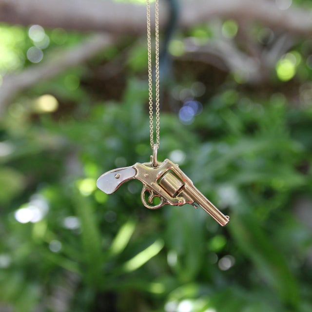 Gold Vintage 14k Gold & Mother-of-Pearl Miniature Gun Pendant or Charm For Sale - Image 8 of 8