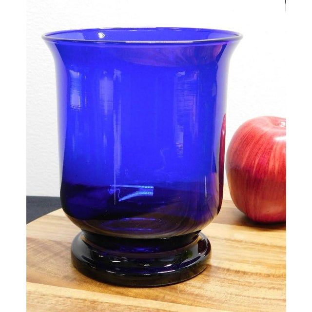 Early 21st Century 2pc Art Glass Collection: Signed Orrefors Green Bowl & Cobalt Blue Hurricane For Sale - Image 5 of 5
