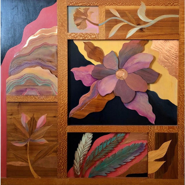 Purple Helen Weber, 1970s Large Wood, Copper Inlay Sculpture Wall Relief Tropical Flowers Motif, c.1970s For Sale - Image 8 of 8