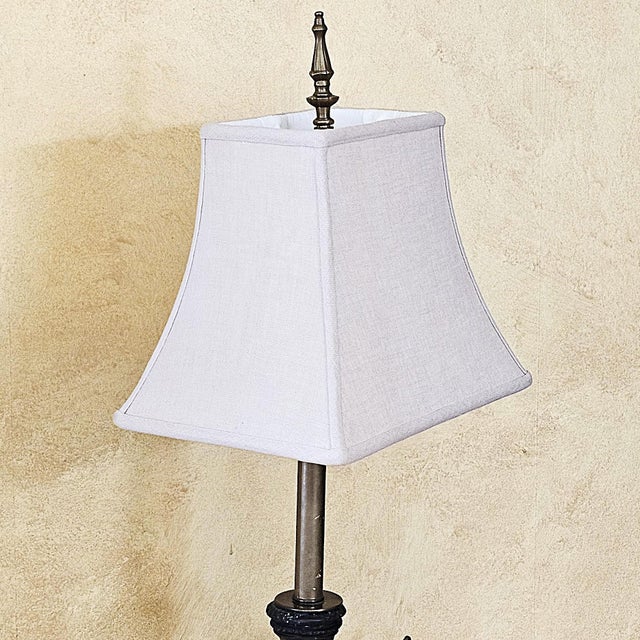 Bronze Vintage Neoclassical Bronze Winged Lion Griffin Table Lamp With Linen Shade For Sale - Image 8 of 18