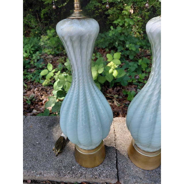 1950s 1950s Alfredo Barbini Murano Aventurine Glass Attributed Celadon Table Lamps, Twisted Form - a Pair For Sale - Image 5 of 8