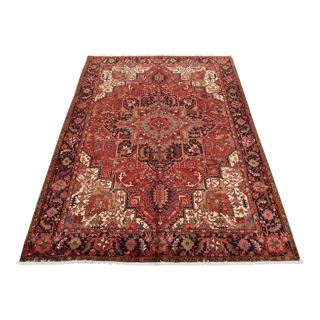 Heriz Rug 9'9'' X 12'6'' Red Wool Vintage Tribal Hand-Knotted Oriental Carpet For Sale