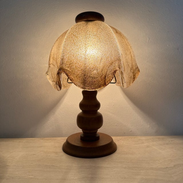 Vintage Brutalist Glass Table Lamp with Oak Wooden Base, 1970s For Sale - Image 16 of 18