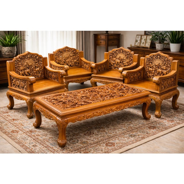 Wood Hand-Carved Teakwood Seating Set with Coffee Table, Indonesia, 1970s, Set of 5 For Sale - Image 7 of 7