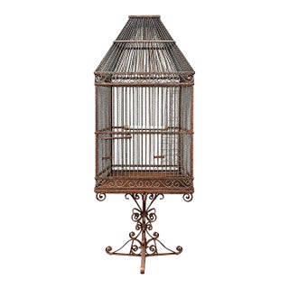 Monumental 77-Inch Custom Artisan Hand-Welded Wrought Iron Pagoda Aviary (Birdcage) on Stand For Sale