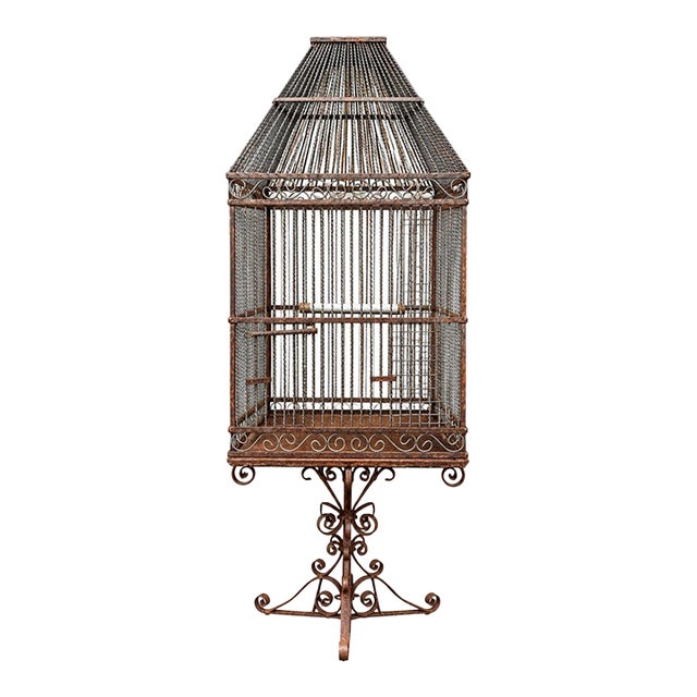 Monumental 77-Inch Custom Artisan Hand-Welded Wrought Iron Pagoda Aviary (Birdcage) on Stand For Sale
