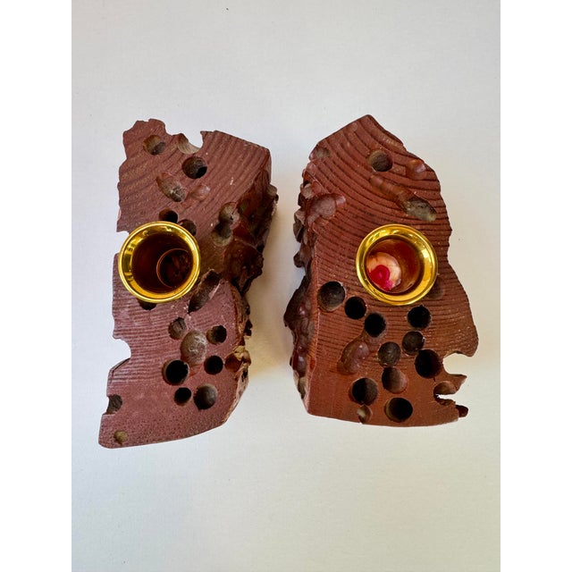 Wood Mid-Century Organic Modern Insect-Eaten Wood Candleholders, Brass Cups, Pair For Sale - Image 7 of 13
