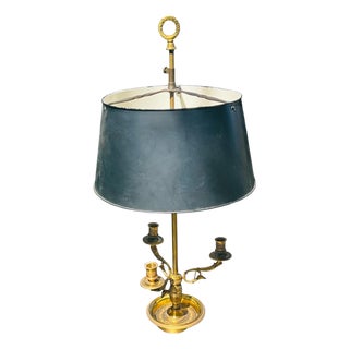 Mid 20th Century Antique-Style Brass Bouillotte Candlestick Lamp With Black Tole Shade Electrical Double Socket on Switch For Sale