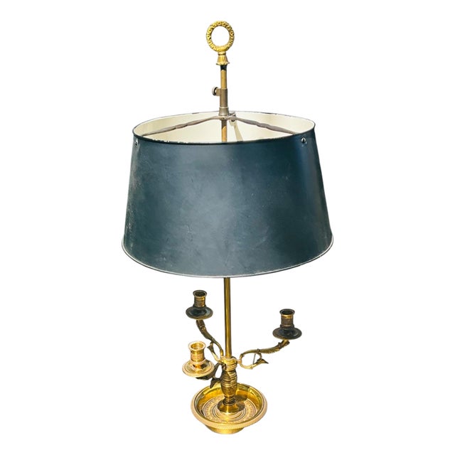Mid 20th Century Antique-Style Brass Bouillotte Candlestick Lamp With Black Tole Shade Electrical Double Socket on Switch For Sale
