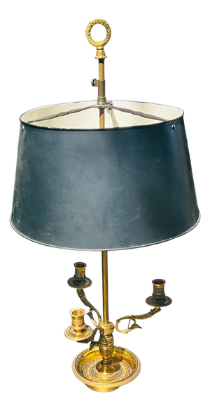 Mid 20th Century Antique-Style Brass Bouillotte Candlestick Lamp With Black Tole Shade Electrical Double Socket on Switch