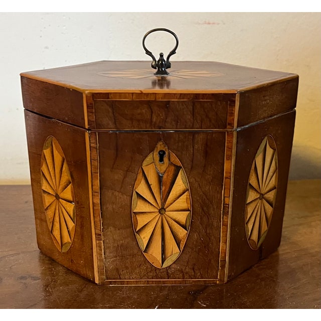 Antique Early 19th Century English George III Hexagonal Mahogany Tea Caddy of Elegant Proportion With Paterae Fan Inlay For Sale - Image 4 of 18