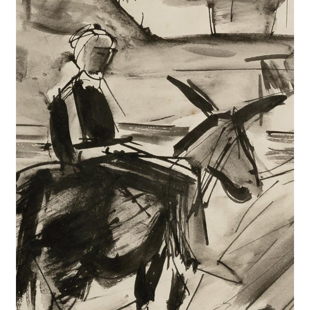 Mid-Century Modern Mid-Century Modern Vintage French Expressionism Spanish Village Painting, Ink on Paper. Signed by Edouard Righetti With Mat For Sale - Image 3 of 5
