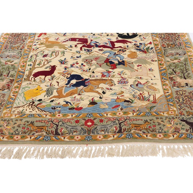Vintage Persian Hunting Scene Isfahan Rug - 03'07 X 05'02 For Sale - Image 4 of 10